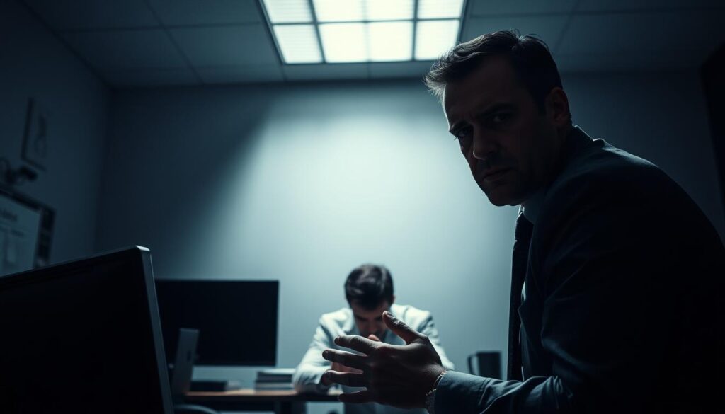 A bleak and unsettling office scene, dimly lit from above, casting long shadows. In the foreground, a stern-faced boss looming over a cowering employee, their body language radiating tension and fear. The boss's facial expression is one of domineering control, their gaze piercing and unforgiving. The employee's posture is hunched, eyes downcast, hands trembling. The background is a minimalist, impersonal workspace, devoid of warmth or humanity, reinforcing the oppressive atmosphere. The image conveys the subtle yet palpable power dynamics at play, where fear is weaponized as a means of manipulation and control.