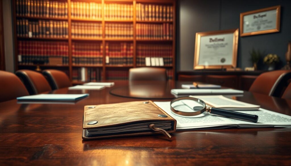 A boardroom table, the surface adorned with a weathered leather-bound journal, a magnifying glass, and carefully arranged documents. The lighting is warm and focused, casting soft shadows that accentuate the tactile nature of the materials. In the background, a towering bookshelf filled with legal tomes and a framed diploma on the wall, conveying a sense of authority and trust. The overall atmosphere is one of strategic planning and a guarded, yet determined, mindset - a "defense playbook" for navigating the complexities of office politics.