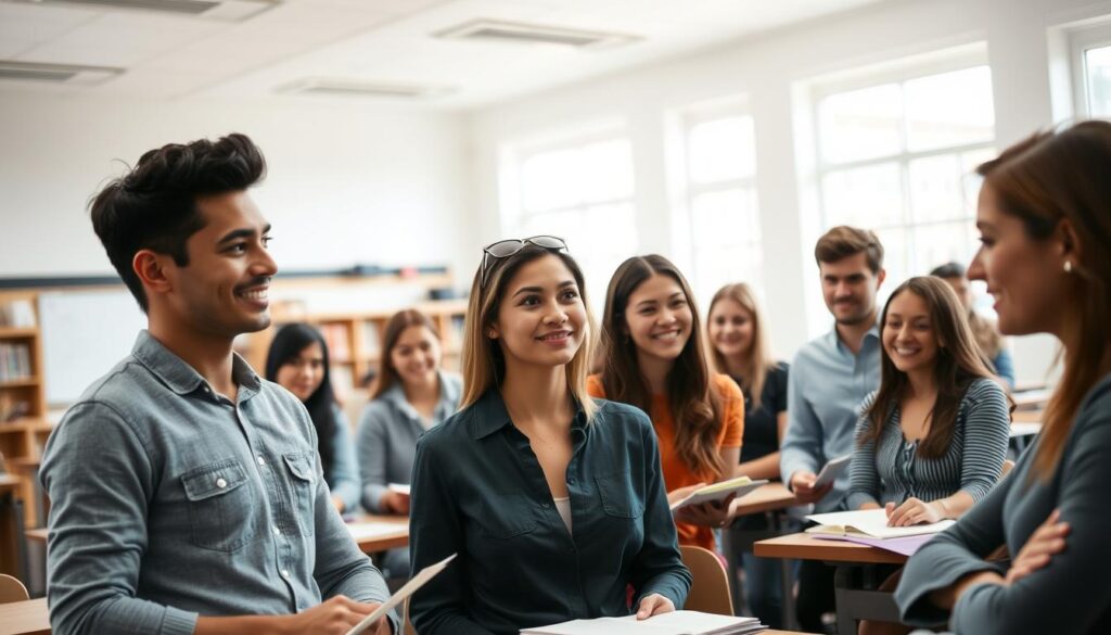 A bright, airy classroom filled with students of diverse appearances. In the foreground, a group of attractive students engaged in lively discussion, their body language and expressions conveying intellect and confidence. The middle ground features a mix of students, some visually appealing, others more average-looking, all diligently taking notes. In the background, the classroom is adorned with academic accoutrements - bookcases, chalkboards, and large windows that flood the space with natural light. The overall atmosphere evokes a sense of academic prestige and the subtle notion that physical appearance may play a role in how students are perceived and judged by their peers and instructors.
