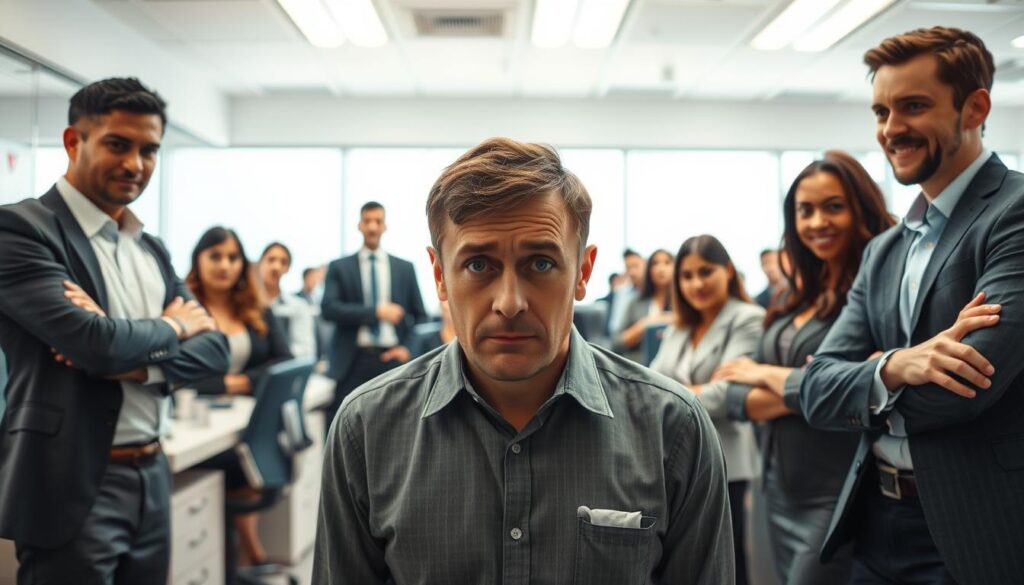 A brightly lit office scene with a central figure appearing confused and uncertain, surrounded by colleagues whose expressions and body language suggest manipulation, dismissiveness, and a lack of empathy. The foreground features the central figure's worried face, furrowed brow, and downcast eyes, conveying a sense of disorientation and self-doubt. The middle ground showcases the coworkers' expressions, some with sly, condescending smiles, others with arms crossed or leaning in aggressively. The background depicts a generic office environment, with neutral-toned walls, desks, and computers, creating a sense of an impersonal, corporate setting that amplifies the emotional tension. The overall tone is one of subtle hostility and psychological pressure, capturing the essence of workplace gaslighting.