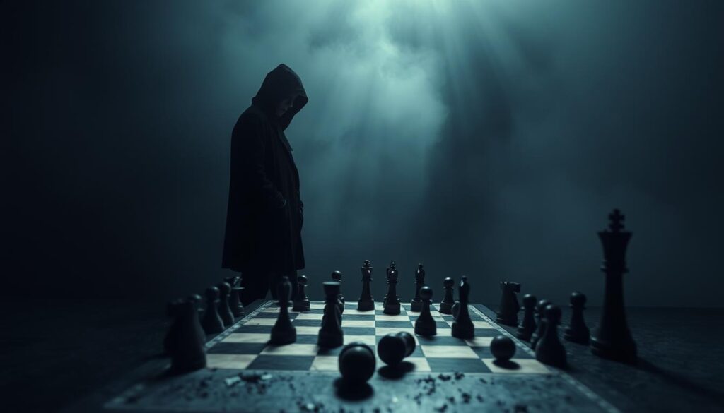 A brooding figure stands in the foreground, their gaze unyielding and devoid of empathy. Shadows cast across their face, obscuring any trace of emotion. In the middle ground, a chess board lies abandoned, the pieces scattered, symbolizing the strategic manipulation at play. The background is shrouded in a hazy, oppressive atmosphere, evoking a sense of unease and the weight of unchecked power. Stark lighting casts sharp contrasts, highlighting the dark triad's disregard for compassion. A cold, calculating lens captures this scene, conveying the essence of power without empathy that dominates today's landscape.