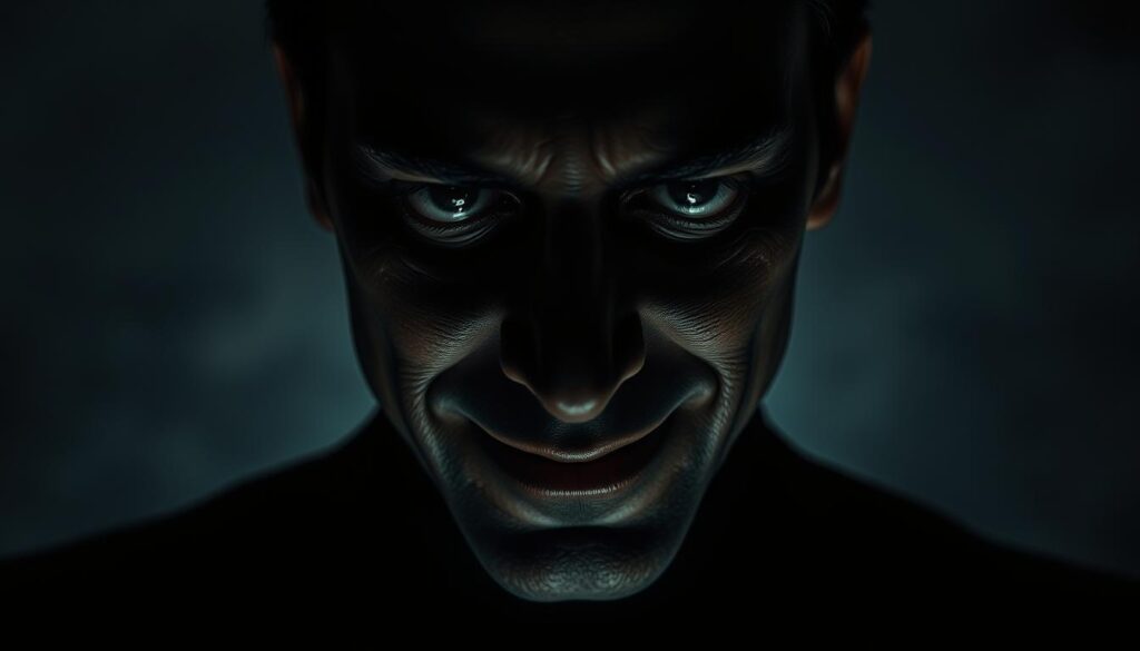 A brooding, intense portrait of a dark triad personality. In the foreground, a shadowy figure with piercing eyes, an arrogant expression, and a cunning smile that hints at a manipulative nature. Textures of skin and fabric have a slight sheen, suggesting an air of calculated charm. The middle ground is hazy, creating an aura of mystery and hidden depths. The background is a dimly lit, abstract landscape, evoking a sense of emotional detachment and a willingness to exploit others for personal gain. Dramatic chiaroscuro lighting casts dramatic shadows, emphasizing the subject's calculating gaze and unnerving presence. The overall mood is one of unsettling allure, reflecting the narcissistic, psychopathic, and Machiavellian traits of the dark triad personality.
