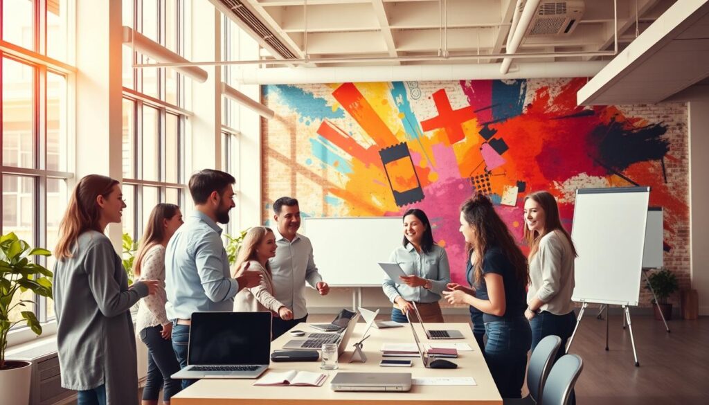 A bustling open-plan office, flooded with warm, natural light filtering through large windows. In the foreground, a group of colleagues gathered around a table, engaged in a lively discussion, their body language conveying a sense of collaboration and clear communication. In the middle ground, various productivity tools and communication devices - laptops, tablets, whiteboards - arranged in a harmonious layout, reflecting the organized and efficient nature of the work environment. The background features a vibrant, colorful abstract wall mural, symbolizing the dynamic and creative culture of the organization. The overall scene exudes a sense of clarity, connection, and purposeful exchange, capturing the essence of effective workplace communication.