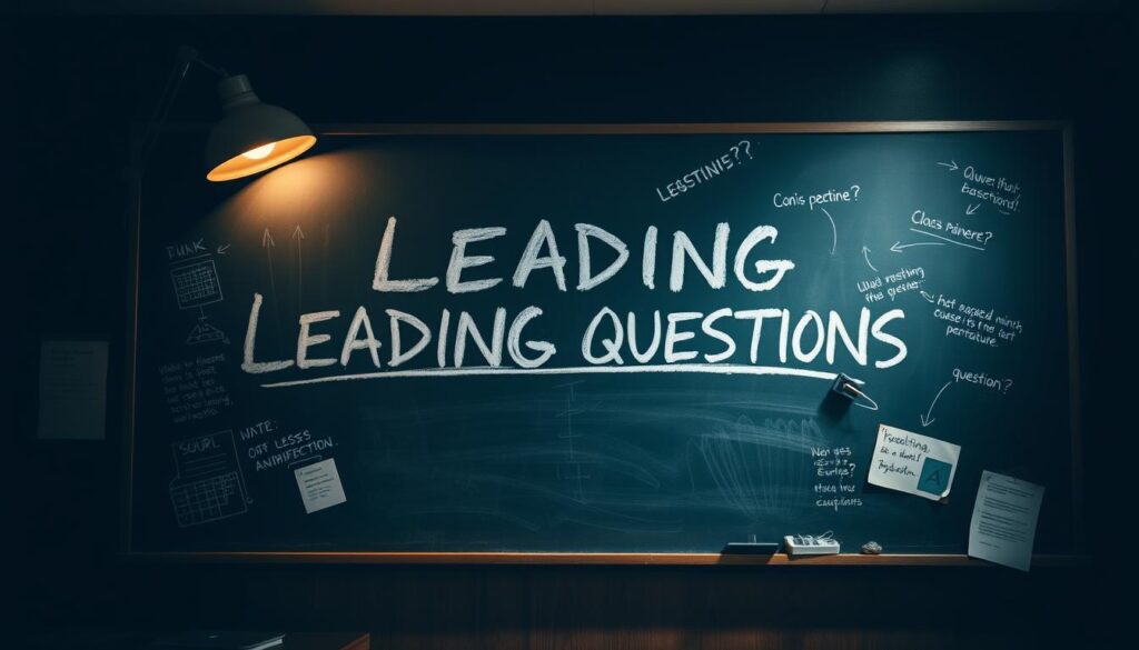 A chalkboard in a dimly lit classroom, the focus centered on the phrase "LEADING QUESTIONS" written in bold, chalk-like strokes. The background is hazy, with shadows cast from a single desk lamp, creating an atmosphere of contemplation and introspection. The chalkboard's surface is slightly worn, adding a sense of history and experience. Surrounding the central text are scattered notes, diagrams, and questions, hinting at the persuasive power of leading questions and their subtle influence. The overall composition suggests the complexities and nuances of this persuasive technique, inviting the viewer to delve deeper into the subject.