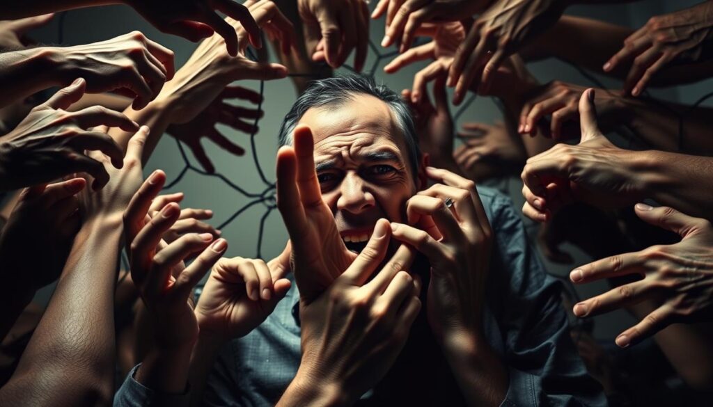 A chaotic tangle of hands and faces, intertwined in a web of emotional influence. The foreground depicts a central figure, their expression contorted with manipulative intent, fingers reaching towards the viewer in a grasping motion. Surrounding them, disembodied hands clutch and claw, symbolizing the cyclical nature of emotional exploitation. The middle ground is a blur of motion, shadows and light, evoking the unseen forces at play. The background is a muted, monochromatic realm, suggesting the pervasive, inescapable nature of this psychological phenomenon. Harsh, dramatic lighting casts dramatic shadows, heightening the sense of tension and control. The overall tone is one of unease, vulnerability and the disturbing power dynamics inherent in emotional manipulation.