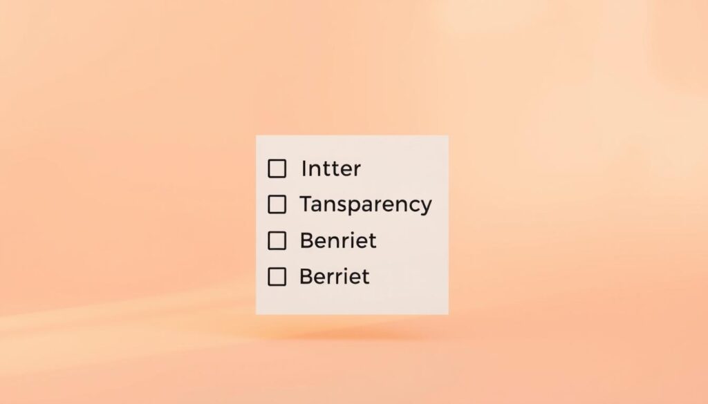 A clean, minimalist checklist floating against a soft, pastel background. In the foreground, a crisp list of items - "Intention", "Transparency", "Benefit" - written in a sleek, sans-serif font. The list is accompanied by simple, monochromatic icons that visually reinforce each concept. The middle ground features a subtle, geometric pattern that adds visual interest without distracting from the central checklist. Warm, gentle lighting emanates from the top-left, casting soft shadows and creating a contemplative, introspective mood. The overall composition is balanced, professional, and designed to clearly illustrate the "Quick Field Framework" for the reader.