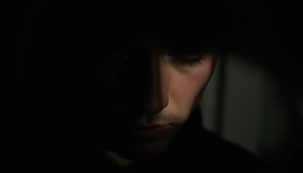 A close-up of a person's face, with a shadowy, downcast expression that creates a reverse halo effect. The lighting is dramatic, with a single light source casting harsh shadows that accentuate the person's features, creating a sense of gloom and heaviness. The background is out of focus, adding to the sense of isolation and introspection. The image conveys a sense of the "horn effect," where a negative impression of a person's character or abilities undermines their overall positive qualities, casting a dark shadow over their appearance and demeanor.