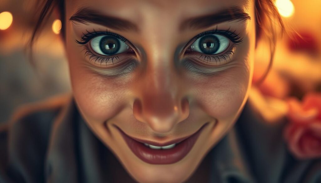 A close-up portrait of a person's face, eyes wide and expression intense, conveying a sense of overwhelming affection and adoration. The lighting is soft and warm, creating a dreamlike, almost hypnotic atmosphere. In the background, a hazy, out-of-focus scene suggests a romantic setting, with hints of flowers or other natural elements. The overall composition and mood evoke a feeling of being enveloped in a suffocating, consuming form of attention and affection, characteristic of love bombing in the context of manipulation.