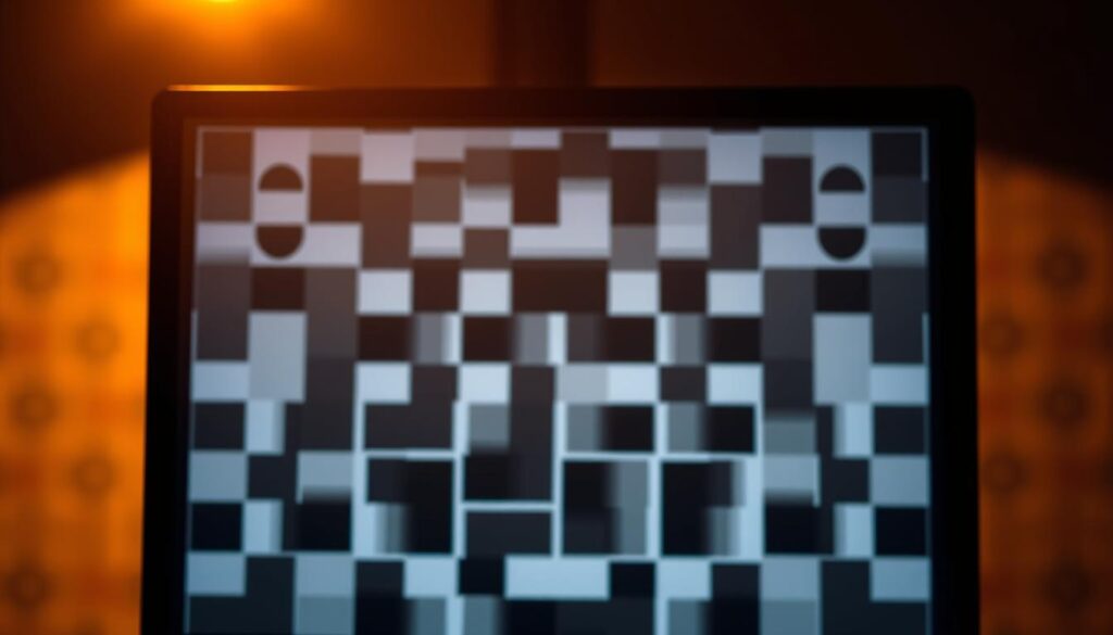 A close-up view of a digital test pattern displayed on a high-resolution screen, illuminated by warm, directional lighting. The foreground is dominated by a centered grid of alternating black and white squares, creating a striking geometric pattern. The middle ground features a blurred, soft-focus backdrop of neutral tones, hinting at the technical nature of the subject matter. The overall atmosphere is one of precision, simplicity, and scientific objectivity, suitable for illustrating a section on psychological assessment tools.