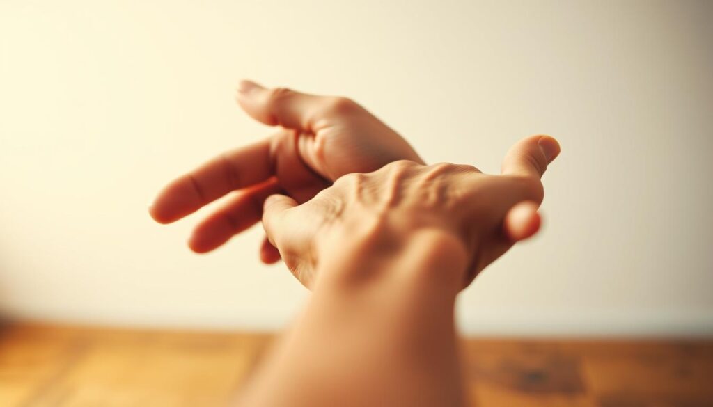 A close-up view of a hand reaching out to clasp another, representing the reciprocity principle in influence psychology. The foreground features detailed skin textures and veins on the outstretched palms, conveying a sense of human connection. The middle ground showcases the two hands interlocked, symbolizing the give-and-take dynamic of the reciprocity principle. The background is softly blurred, creating a minimalist setting that focuses the viewer's attention on the central handshake. Warm, natural lighting casts a subtle glow, evoking a mood of cooperation and mutual understanding. Captured with a shallow depth of field and a macro lens to emphasize the intricate details of the gesture.