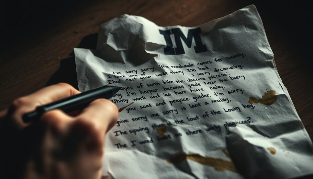 A close-up view of a hand writing a forced, insincere apology on a crumpled, stained sheet of paper. The text is hastily scrawled in a nervous, shaky script, with exaggerated "I'm sorry" phrases and empty platitudes. The background is dimly lit, casting long, ominous shadows and conveying a sense of underlying manipulation and control. The overall atmosphere is tense, uneasy, and lacking in genuine remorse.
