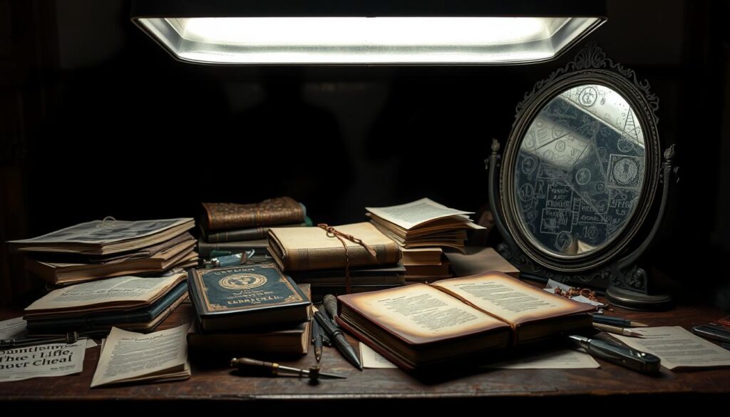 A cluttered tabletop, illuminated by a harsh overhead light, holds an assortment of sinister tools - manipulative tactics used by abusers to control and gaslight their victims. Worn leather-bound journals, a stack of carefully curated lies, a set of sharp verbal barbs, and a tarnished mirror reflecting a distorted reality. The scene exudes a sense of calculated cruelty, the tools arranged with a chilling precision, hinting at the psychological torment they represent. Shadowy figures loom in the background, watching and waiting to deploy this manipulator's toolkit.