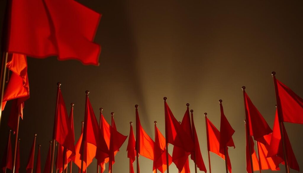 A collection of vibrant red flags arranged in a striking display, casting long shadows against a moody, atmospheric background. The flags are carefully positioned to create a sense of visual tension and unease, hinting at the potential dangers they represent. The lighting is dramatic, with a mix of warm and cool tones that add depth and dimension to the scene. The angle is slightly elevated, giving the viewer a sense of perspective and a heightened awareness of the warning signs before them. The overall mood is one of caution and vigilance, urging the observer to take heed of these powerful symbols of potential trouble ahead.