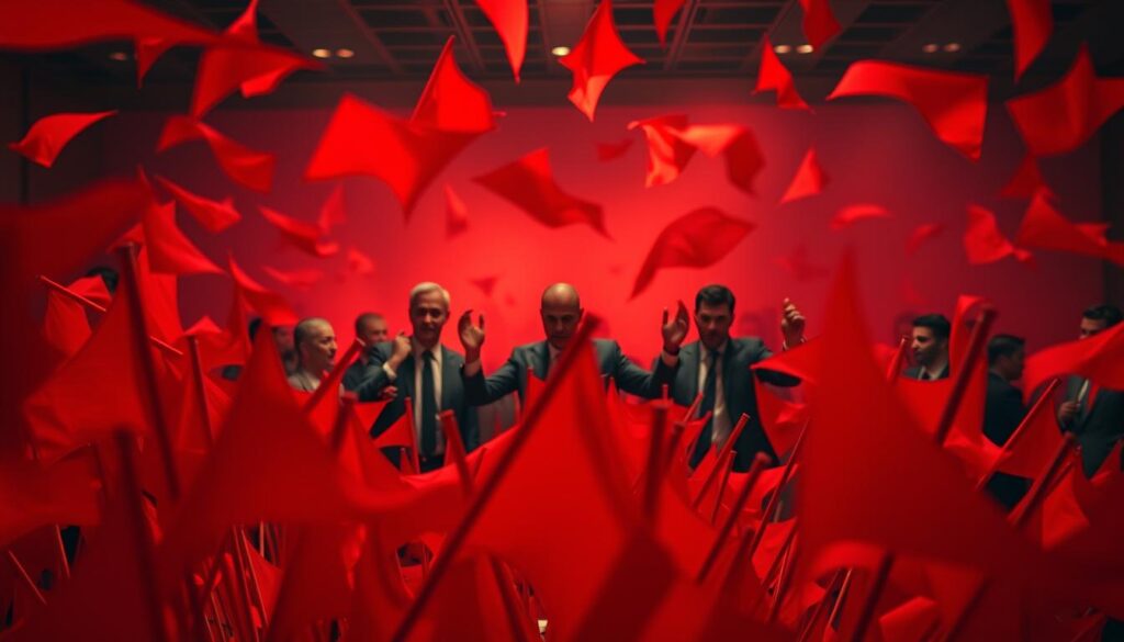 A conference room filled with a chaotic swirl of red flags, representing communication breakdowns and intentional confusion. In the foreground, a tangle of jagged, fiery flags fluttering erratically, casting an ominous glow. In the middle ground, blurred figures gesticulating wildly, their expressions twisted with uncertainty. The background shrouded in a hazy crimson hue, creating an atmosphere of unease and distrust. Dramatic lighting casts dramatic shadows, highlighting the sense of alarm and discord. A wide-angle lens captures the scene with a sense of unease and urgency, drawing the viewer into the heart of the workplace manipulation.