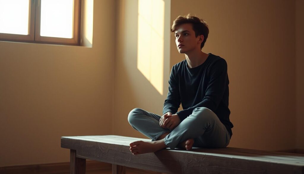 A contemplative person sits cross-legged on a weathered wooden bench, their gaze introspective. Warm, golden light filters through a window, casting a soft glow on their face, hinting at a moment of self-reflection. The background is a serene, minimalist space, free of distractions, allowing the subject's inner experience to take center stage. Textures and shadows create a sense of depth, guiding the viewer's eye to the figure's pensive expression, conveying a sense of healthy, productive guilt - a catalyst for positive change, not a burden. The lens is slightly tilted, adding a sense of gentle motion, mirroring the subject's evolving emotional state.