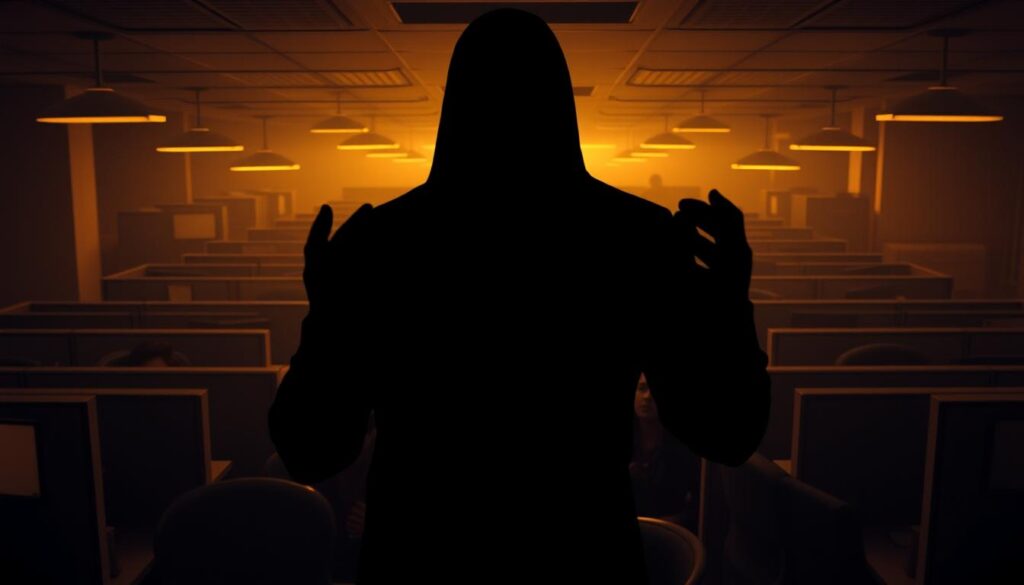 A corporate office setting, dimly lit with warm, hazy lighting. In the foreground, a shadowy figure stands, their face obscured, hands gesturing manipulatively. The middle ground features a group of unsuspecting office workers, their expressions unsure and uneasy. The background depicts a maze-like maze of cubicles and corridors, conveying a sense of entrapment and control. The atmosphere is tense, the mood foreboding, hinting at the nefarious machinations of the manipulator at the center of the scene.