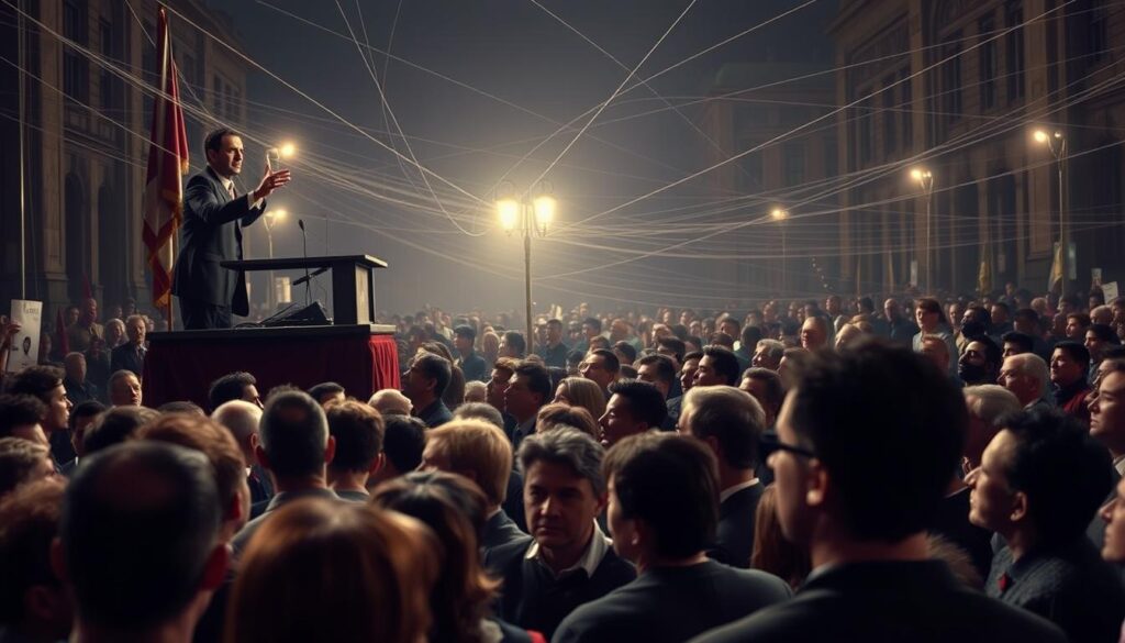 A crowded public square, with a charismatic figure on a raised platform addressing an audience. The figure's gestures and body language seem deliberately calculated to influence the crowd. In the foreground, various people in the audience appear to be watching the speaker intently, their expressions a mix of rapt attention and subtle unease. The middle ground reveals a web of unseen strings, connecting the speaker to the audience, hinting at the covert methods of crowd manipulation. The background is dimly lit, conveying a sense of unease and hidden motives. The overall atmosphere is one of subtle tension, where the veneer of persuasion masks the underlying mechanisms of control.