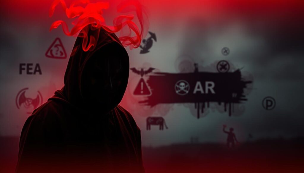 A dark and foreboding scene, lit by an ominous red glow. In the foreground, a shadowy figure looms, their features obscured by a haunting mask. Tendrils of smoke curl around their form, creating an atmosphere of unease and dread. In the middle ground, a series of unsettling symbols and imagery, suggesting the manipulation and exploitation of fear. The background is a blurred, distorted landscape, hinting at the wider context of this fear-inducing message. The overall mood is one of anxiety, panic, and the sense that something sinister is at work, drawing the viewer in with its power to disturb and unsettle.
