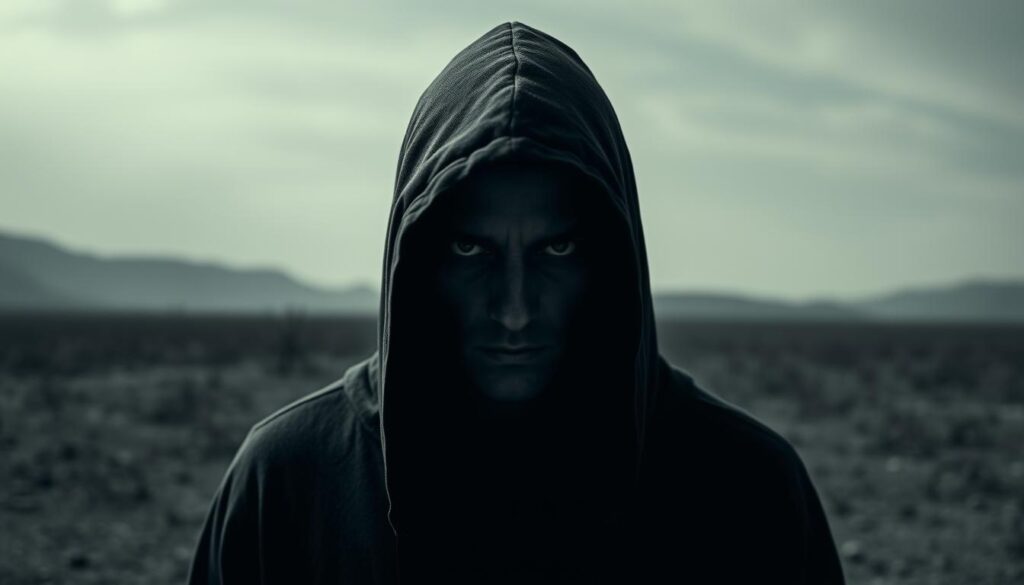 A dark and ominous figure emerges from the shadows, its features obscured by a hooded cloak. Piercing eyes glare with an unsettling intensity, hinting at the malevolent nature that lies within. The figure's posture is rigid, exuding an aura of calculated control and manipulation. In the background, a desolate, monochromatic landscape sets the stage, emphasizing the sinister atmosphere. The lighting is dramatic, casting deep shadows that accentuate the figure's imposing presence. This scene captures the essence of the Dark Triad - a fusion of narcissism, Machiavellianism, and psychopathy, where the warning signs are subtly woven into the everyday.
