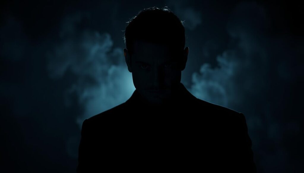 A dark, brooding figure stands in the foreground, their eyes piercing and calculating. Thick shadows cloak their features, hinting at the ruthless, manipulative nature of the "dark triad" personality. The background is shrouded in an ominous, moody atmosphere, with a sense of control and power emanating from the central subject. Dramatic chiaroscuro lighting casts dramatic shadows, emphasizing the subject's intensity and control. The scene is captured with a high-contrast, cinematic lens, lending a sense of psychological depth and unease. This image aims to encapsulate the psychology of control and the dark, calculating nature of the "dark triad" in leadership.