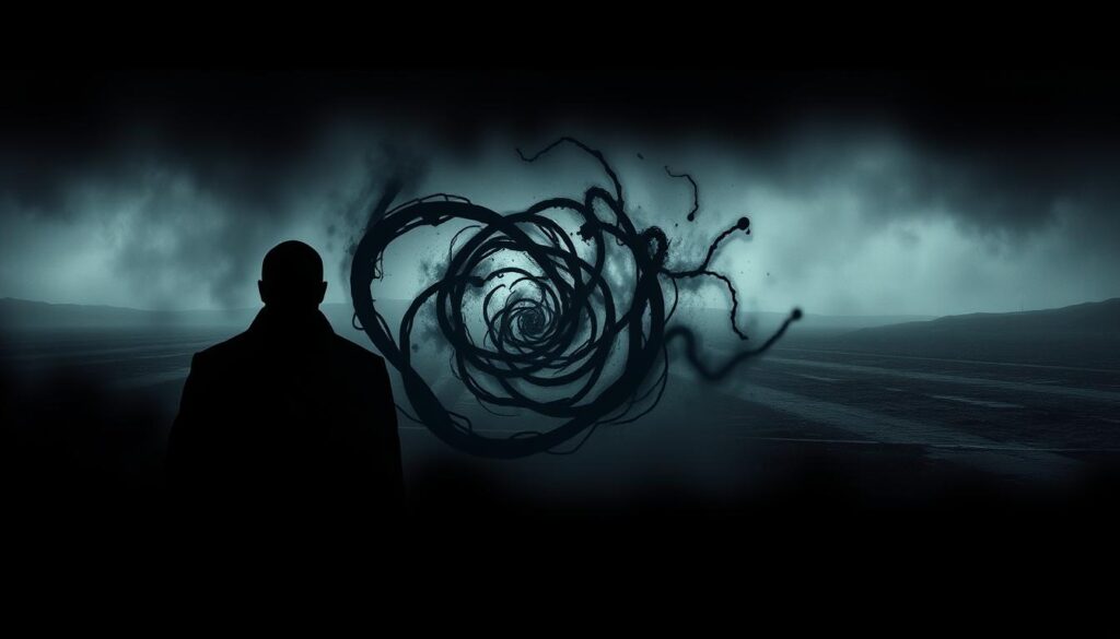 A dark, foreboding scene depicting the essence of the "Dark Triad" - narcissism, Machiavellianism, and psychopathy. In the dimly lit foreground, three ominous silhouettes loom, their faces obscured by shadows, symbolizing the hidden nature of these personality traits. The middle ground features a swirling, chaotic energy, with twisted, angular shapes and lines, conveying the twisted, manipulative mindset of the dark triad. In the distant background, a bleak, monochromatic landscape stretches out, evoking a sense of emptiness and lack of empathy. The overall atmosphere is one of ominous foreboding, hinting at the ruthless, selfish, and callous behaviors associated with the dark triad.