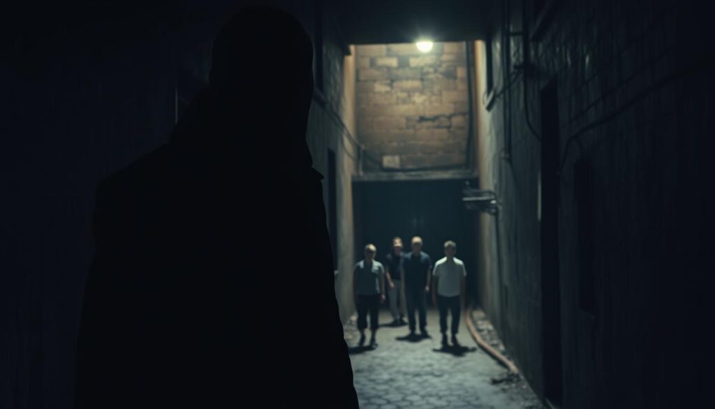 A dark, foreboding scene set in a dimly lit, shadowy alleyway. In the foreground, a looming figure casts an ominous presence, their features obscured by deep shadows. In the middle ground, a group of unsuspecting individuals, unaware of the malevolent gaze upon them. The background is a maze of gritty, weathered walls, alluding to the predatory nature of the environment. Dramatic chiaroscuro lighting emphasizes the contrast between light and dark, creating a sense of unease and tension. The overall atmosphere is one of sinister manipulation, where the "dark triad" of narcissism, Machiavellianism, and psychopathy lurk in the shadows, ready to exploit the unwary.