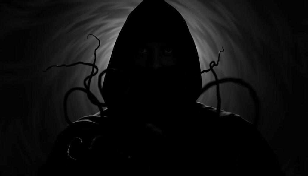 A dark, ominous figure shrouded in a cloak of shadows, their face obscured by a mask of sinister intent. Piercing eyes gleam with a cold, calculating gaze, radiating an aura of manipulation and control. In the foreground, the triad of traits - narcissism, Machiavellianism, and psychopathy - manifest as tendrils of darkness, entwining and coiling around the figure, a visual representation of the "dark triad" mindset. The background is a swirling vortex of monochrome hues, creating an atmosphere of unease and discomfort. Dramatic backlighting casts dramatic shadows, emphasizing the sense of power and domination. Shot from a low angle, the figure appears larger-than-life, commanding attention and instilling a sense of dread.