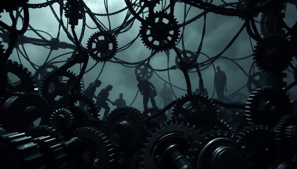 A dark, ominous scene of a complex, interconnected system. In the foreground, a web of metal gears and cogs, interlocked and grinding against each other, symbolizing the relentless nature of reciprocity. The middle ground features shadowy figures, trapped within the machine-like structure, their movements constrained by the relentless cycle. The background is shrouded in a haze of uncertainty, suggesting the pervasive influence of control and compliance within the system. Dramatic chiaroscuro lighting casts sharp, dramatic shadows, heightening the sense of unease and entrapment. The overall mood is one of claustrophobia, tension, and the overwhelming power of systemic forces.
