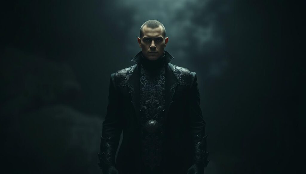 A dark, shadowy figure stands tall and imposing, emanating an aura of dominance and control. Intricate patterns and textures adorn the figure's attire, suggesting a calculated, strategic approach to power. The background is shrouded in a moody, atmospheric lighting, casting deep shadows and imbuing the scene with a sense of mystery and foreboding. The figure's gaze is unwavering, exuding a commanding presence that demands attention and submission. The overall composition evokes a sense of the manipulative, exploitative nature of the dark triad traits, with the figure representing the embodiment of these strategies for maintaining power in romantic relationships.