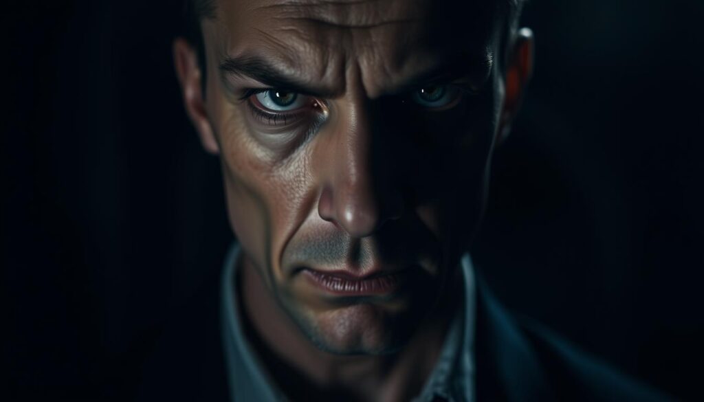 A dark, unsettling portrait of a high-functioning psychopath. In the foreground, an intense, penetrating gaze – cold, calculating eyes that reveal a complete lack of empathy. The subject's features are sharpened, the expression subtly twisted, hinting at an inner darkness. The middle ground is obscured in shadows, suggesting the individual's ability to conceal their true nature. The background is blurred, creating an atmosphere of mystery and unease. The lighting is dramatic, casting dramatic shadows that accentuate the subject's angular, predatory features. The overall mood is one of disquiet, reflecting the manipulation and deception inherent in high-functioning psychopathy.