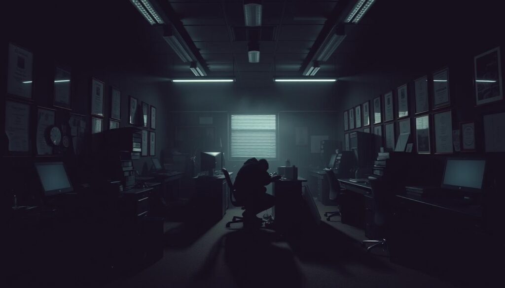 A dimly lit, cluttered office space, with desks and chairs haphazardly arranged, casting long, ominous shadows across the floor. The walls are adorned with corporate posters and framed certificates, creating an atmosphere of forced professionalism. The lighting is harsh, with fluorescent tubes flickering and casting an unnatural, sickly glow. In the foreground, a lone figure sits hunched over a computer, their face obscured, seemingly trapped in a web of their own machinations. The overall scene conveys a sense of unease, with the workplace transformed into a breeding ground for manipulation and dark empathy.