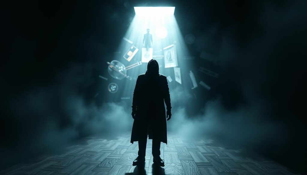 A dimly lit, distorted room where reality seems to warp and bend, creating a disorienting and unsettling atmosphere. In the foreground, a shadowy figure stands, their features obscured, casting an ominous presence. The middle ground is filled with a hazy, dreamlike quality, with objects and shapes that appear to shift and morph, blurring the line between truth and illusion. The background is a swirling, kaleidoscopic landscape, further disorientating the viewer and conveying a sense of a fragmented, manipulated reality. The lighting is harsh and unnatural, casting sharp shadows and highlights that add to the overall sense of unease and discomfort. The overall effect is one of a reality that has been twisted and distorted, leaving the viewer questioning the nature of their own perception.