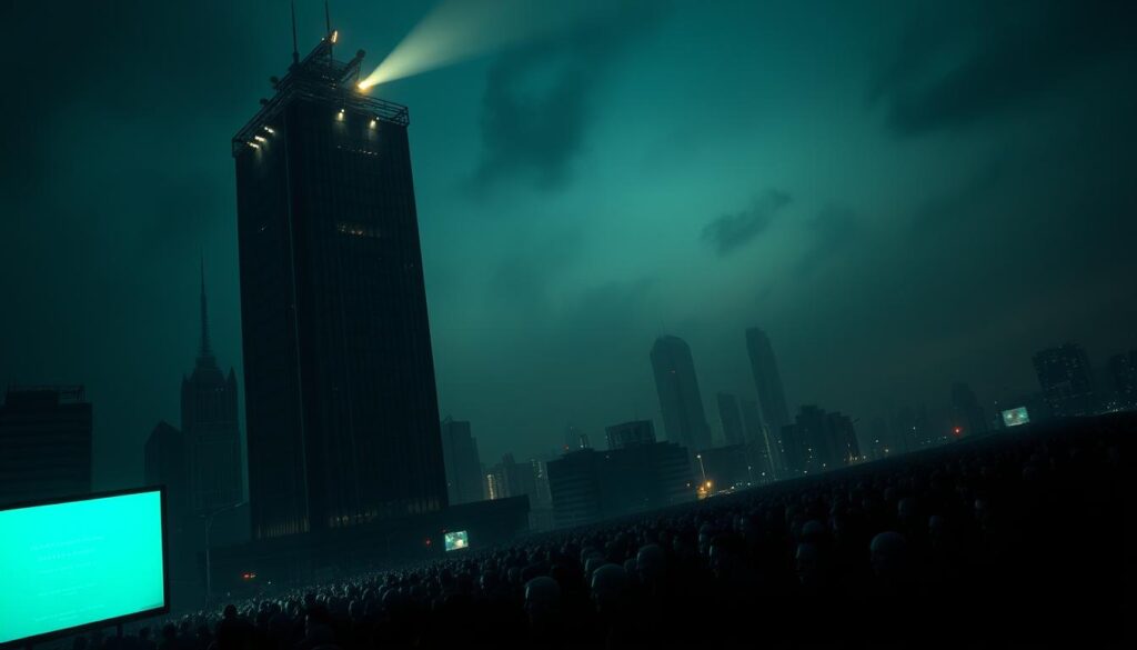 A dimly lit, dystopian cityscape, heavy with a sense of oppression and control. In the foreground, a towering monolith of steel and glass, its imposing facade radiating an aura of power and scarcity. Atop the structure, a network of surveillance cameras and searchlights, casting an ominous glow over the scene. In the middle ground, a throng of faceless figures, their movements constrained and choreographed, as if caught in the grip of a invisible force. The sky above, a hazy, bruised canvas, further reinforcing the sense of unease and restriction. Underlying it all, a subtle yet pervasive feeling of unease, as if the very air itself is heavy with the weight of manipulative tactics and the illusion of choice. A visual metaphor for the dark psychology at work, where scarcity is wielded as a weapon of control.