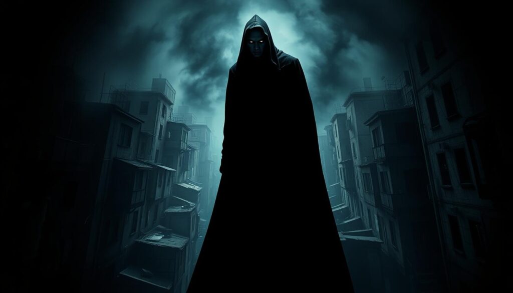 A dimly lit, gritty cityscape with a towering, ominous presence in the foreground. Shadows loom, casting an unsettling atmosphere. The central figure, a cloaked, faceless entity, emanates an aura of manipulation and control. Piercing eyes peer from the darkness, hinting at the malevolent nature within. In the background, a maze of winding alleyways and dilapidated buildings, suggesting a sense of isolation and danger. The lighting is harsh, creating deep contrasts and heightening the sinister mood. The entire scene conveys the essence of the Dark Triad - narcissism, Machiavellianism, and psychopathy.