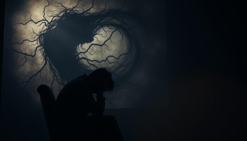 A dimly lit, introspective scene depicting the mental health fallout of gaslighting. In the foreground, a figure sits hunched in a chair, their head buried in their hands, expressing a profound sense of anguish and inner turmoil. The middle ground features a swirling, abstract vortex of thoughts and emotions, with shadowy tendrils reaching towards the figure, hinting at the manipulation's insidious grip on their psyche. The background is shrouded in a hazy, dreamlike quality, conveying a sense of disorientation and the loss of one's sense of reality. Soft, warm lighting filters through the scene, casting a melancholic glow and emphasizing the vulnerable, isolated nature of the experience. The overall atmosphere is one of deep emotional distress and the mental health consequences of being gaslit.