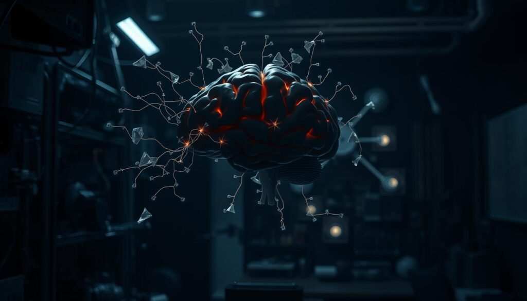 A dimly lit laboratory, an array of mechanical components and circuitry cast in shadows. In the foreground, a human brain model hovers, its synapses pulsing with electric activity. Surrounding it, ghostly fragments of memories and thoughts appear, their forms shifting and blending, hinting at the complex neurological processes underlying priming. In the background, a cluster of geometric shapes and abstract patterns, suggesting the hidden algorithms and hidden biases that shape our perceptions. Soft, dramatic lighting casts an introspective, almost haunting atmosphere, inviting the viewer to ponder the inner workings of the mind. The scene conveys the subtle, yet powerful, ways in which priming can influence our attention, memory, and behavior.