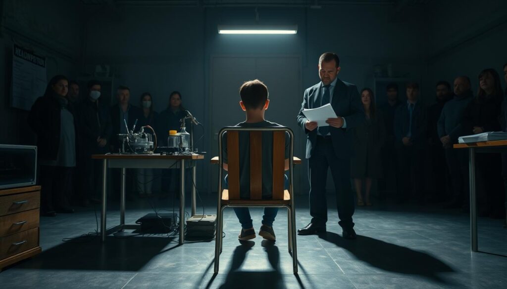 A dimly lit laboratory setting, the focal point a simple wooden chair with a metal frame. A participant sits apprehensively, surrounded by an array of scientific instruments and a stern-faced researcher holding a clipboard. The room's atmosphere is charged with tension, the lighting casting dramatic shadows that heighten the sense of unease. In the background, a group of observers silently watch, their expressions masked, contributing to the unsettling ambiance. The scene evokes the psychological experiment known as the Milgram study, where ordinary individuals were compelled to inflict harm on another person, challenging our understanding of human obedience and the power of authority.