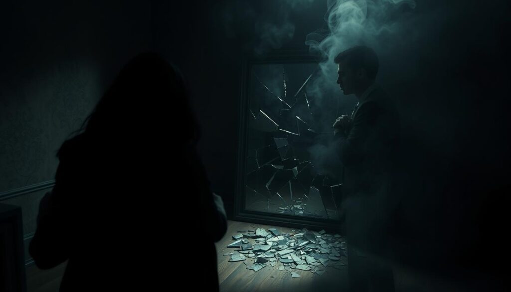 A dimly lit, moody room with a sense of unease and manipulation. In the foreground, a tangle of shadowy figures intertwined, their faces obscured, suggesting deception and power dynamics. The middle ground features a shattered mirror, its fragments reflecting fragmented, distorted images, hinting at the fragility and duplicity of the "dark triad" personality traits. In the background, a swirling, ominous atmosphere of smoke or mist, creating an unsettling, claustrophobic environment. Dramatic chiaroscuro lighting, with deep shadows and highlights, enhances the sense of unease and the undercurrent of control. The overall composition conveys a sense of psychological manipulation, hidden agendas, and the complex, twisted patterns that characterize "dark triad" behavior in relationships.