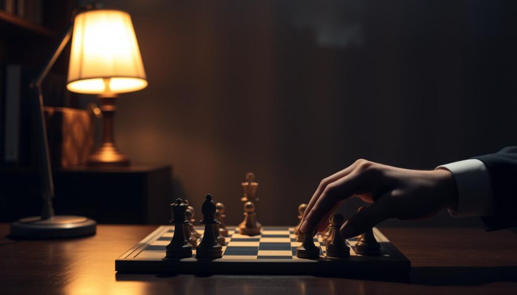A dimly lit office scene, the only illumination coming from a desk lamp casting warm, focused light. On the desk, a chess board with pieces arranged in a strategic game, representing the "manipulation tactics" at play. In the foreground, a pair of hands carefully moving the pieces, symbolizing the calculated moves of a manipulator. The background is hazy, creating a sense of tension and unease, as if the viewer is being drawn into the player's game. The composition emphasizes the deliberate, methodical nature of the manipulative tactics, inviting the viewer to "diagnose the player and the play."