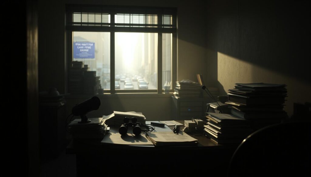 A dimly lit office setting, the air thick with tension. A cluttered desk, various objects arranged in a suspicious manner - a hidden camera, a stack of documents, a pair of binoculars. The lighting is dramatic, casting long shadows that suggest a sense of unease. In the background, a window offers a glimpse of a bustling city street, hinting at the larger world beyond this closed-off space. The overall atmosphere is one of subtle manipulation, a sense that something sinister is afoot, and the viewer is tasked with uncovering the hidden setup and warning signs.