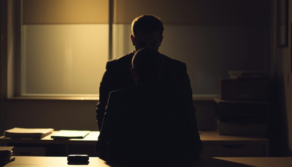 A dimly lit office setting, with a desk in the foreground and a figure sitting at it, their face obscured in shadow. Behind them, a second figure looms, their expression ambiguous, casting a sense of unease and manipulation. Soft, warm lighting creates an unsettling atmosphere, while the angles and perspectives suggest a power dynamic, hinting at the complex and often subtle nature of gaslighting behavior in the workplace.
