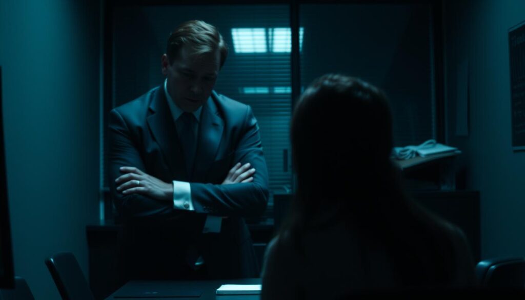 A dimly lit office setting, with a manager leaning forward, their face partially obscured in shadow. The manager's body language is rigid, arms crossed, eyes narrowed, conveying an air of evaluation and judgment. In the foreground, a subordinate employee sits across the desk, shoulders hunched, gaze averted, exhibiting discomfort and unease. The scene is captured with a medium-wide lens, creating a sense of tension and power dynamics. The atmosphere is tense, with a cool, muted color palette and soft, directional lighting that highlights the nonverbal cues.