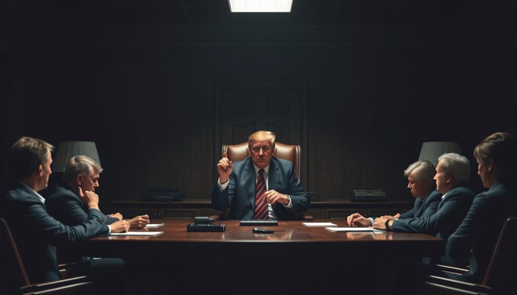 A dimly lit office setting, with a powerful executive sitting at a large wooden desk, dictating the terms of a meeting to subordinates seated around them. The executive maintains an air of authority, leaning back in their chair, eyes trained on the others, fingers steepled. The subordinates appear uneasy, shifting in their seats, avoiding direct eye contact. Harsh overhead lighting casts dramatic shadows, emphasizing the power dynamics at play. A sense of unease and tension permeates the scene, reflecting the "Home Court Time Dominance" theme.
