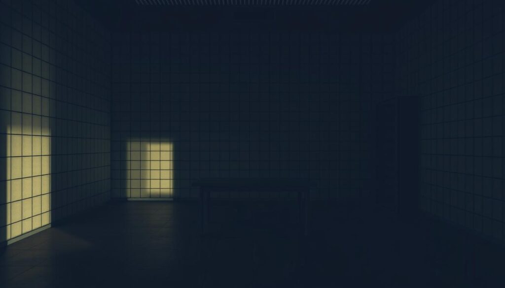 A dimly lit office space, the walls adorned with a grid-like pattern that creates a sense of structure and containment. In the center, a solitary desk stands, its edges defined by a sharp, geometric border - a symbolic representation of the boundaries leaders must establish to maintain control. Soft, muted lighting casts long shadows, evoking a contemplative, almost oppressive atmosphere. The scene conveys a subtle, yet powerful message about the subtle ways leaders can manipulate their employees' environment to assert their authority and influence.
