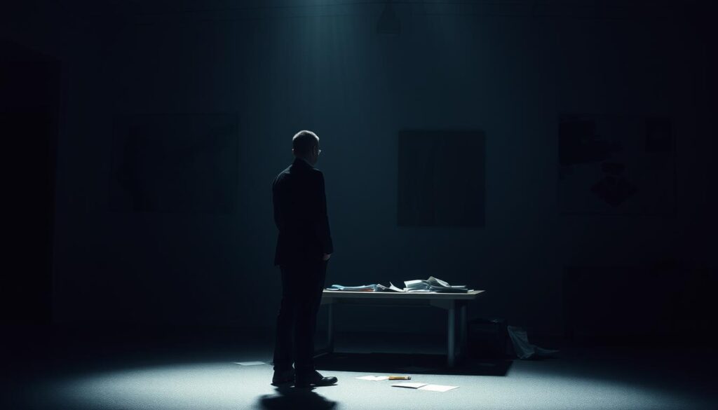 A dimly lit office space, where shadows cast an air of uncertainty. In the foreground, two businesspeople stand facing each other, their body language tense and guarded, suggesting a breakdown in trust. The middle ground features a desk with scattered documents, hinting at the hidden costs of damaged relationships. In the background, the walls are adorned with abstract paintings, symbolizing the complexities and nuances of trust. The lighting is soft and moody, creating an atmosphere of unease and discomfort. The overall scene conveys the erosion of trust, the waste it can create, and the ethical challenges that can arise in a digital landscape.