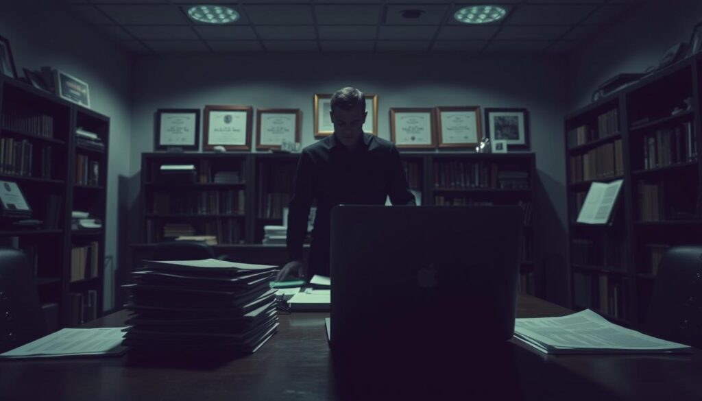 A dimly lit office space with a heavy, oppressive atmosphere. In the foreground, a desk dominates the scene, its surface cluttered with documents and a laptop. A lone figure, their face obscured by shadows, looms ominously behind the desk, their body language exuding a sense of control and manipulation. In the background, the walls are lined with bookshelves and framed diplomas, creating an illusion of authority and expertise. The lighting is harsh, casting sharp shadows and creating a sense of unease. The overall scene evokes a sense of coercion, power imbalance, and the erosion of trust - the hallmarks of gaslighting in a professional context.