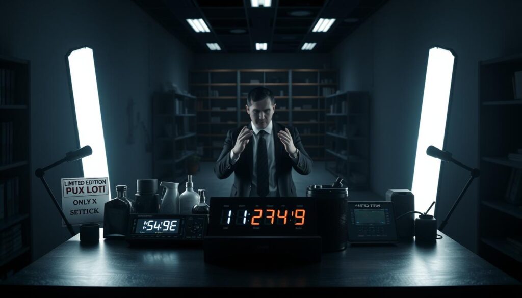 A dimly lit office space, with a lone desk in the foreground. On the desk, an array of tempting products - limited-edition items, countdown timers, and "only X left in stock" notifications. The middle ground features a salesperson, their face obscured, gesturing persuasively. In the background, a maze-like labyrinth of shelves, hinting at the scarcity of resources. Dramatic chiaroscuro lighting casts deep shadows, creating a sense of tension and manipulation. The scene conveys a mood of urgency, scarcity, and the subtle coercion of the "scarcity tactic" in action.