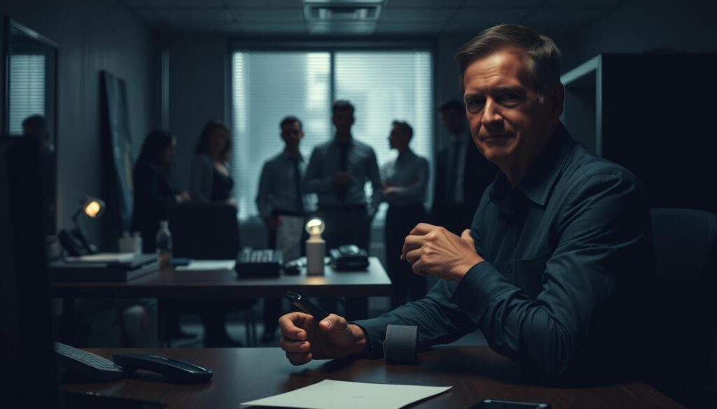 A dimly lit office space, with an ominous atmosphere. In the foreground, a figure sits at a desk, hands clasped, a slight smirk on their face. Their body language exudes an air of manipulation, as if they are carefully orchestrating a scheme. The middle ground reveals a team of co-workers, some appearing uneasy, others oblivious to the underlying tension. In the background, a series of subtle visual cues - a strategically placed mirror, a phone with a blinking indicator light, and a half-open drawer - hint at the manipulator's modus operandi. The lighting is subdued, casting shadows that obscure the true motives of the central character. The overall scene conveys a sense of unease and the need to be vigilant in the face of a coworker's manipulative behavior.
