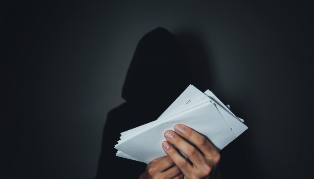 A dimly lit room, a figure shrouded in shadow, their face obscured by a hand holding a stack of documents. The documents are partially obscured, hinting at sensitive information withheld. A sense of unease permeates the scene, with muted colors and a heavy atmosphere. The subject's posture is defensive, conveying a desire to conceal and control the narrative. Soft, directional lighting casts dramatic shadows, creating an air of mystery and secrecy. The composition is balanced, with the figure occupying the foreground and the background left ambiguous, allowing the viewer to focus on the act of information withholding.