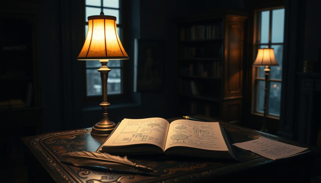 A dimly lit room, illuminated by a single lamp casting a warm glow across an intricately designed desk. On the desk, an open notebook with carefully drawn diagrams and sketches, representing the structure and logic of a compelling narrative. In the foreground, a quill pen and a small stack of papers, hinting at the meticulous process of crafting a persuasive story. The middle ground features a bookshelf, its shelves lined with volumes on storytelling, psychology, and the art of persuasion. In the background, a window reveals a cityscape, suggesting the broader context and audience for this narrative-driven approach to persuasion.